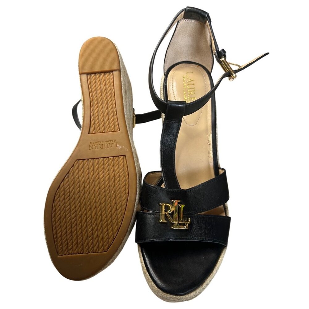 Ralph Lauren Hale Black Leather Espadrille Wedge Sandals Size 8.5 Buckle LRL - Picture 10 of 10